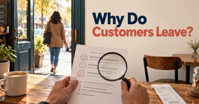 A departing customer and empty chair appear beside a feedback record being examined for reasons customers leave.