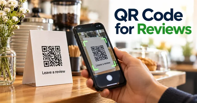 A phone scans an illustrative review QR card in a close-up cafe-counter scene.