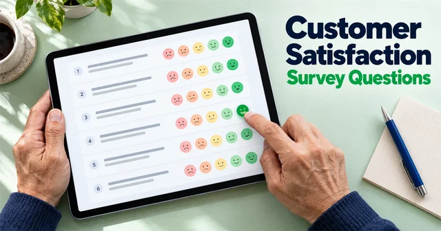 Hands hold a tablet with six customer survey questions on a mint desk beside a pen and notecard.
