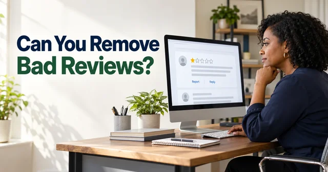 A business owner reviews a low-star customer review at a desktop monitor with Report and Reply options.