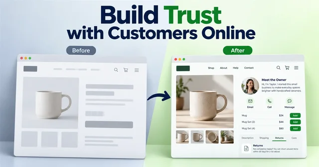Before-and-after website windows contrast an anonymous page with visible contact details, pricing, an owner profile and returns information.
