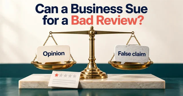 Scales of justice balance cards labeled Opinion and False claim above a one-star review slip.