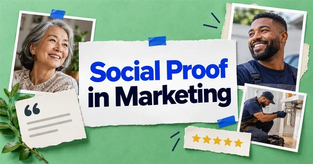 Customer portraits, a work example, quotation marks and a review slip surround a central social-proof headline.