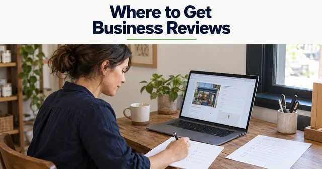 A business owner checks a business listing and writes a short review-site shortlist at a real desk.