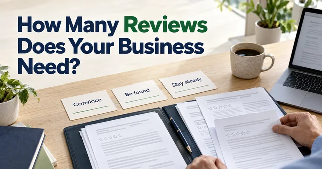 Review records and three printed notes labeled Convince, Be found and Stay steady lie on a professional office desk.