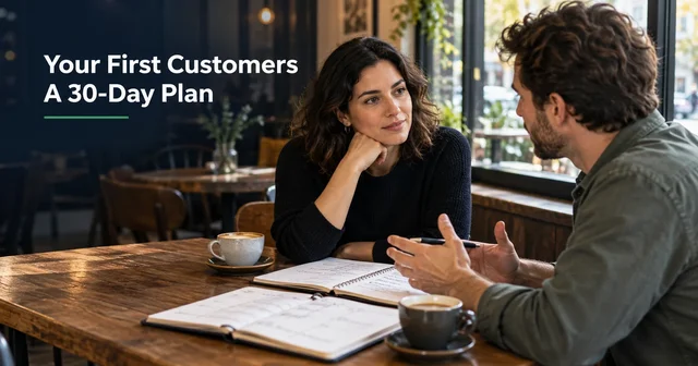 A new business owner discusses an offer with a prospective customer, with contact notes and a monthly planner on the table.