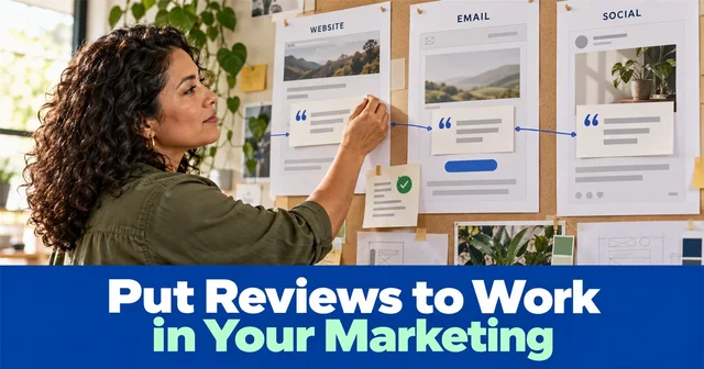 A marketer places a review card on a storyboard showing website, email and social placements beside a permission check.