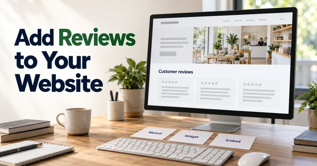 A realistic desktop monitor displays a business website with a flat customer review section beside Manual, Widget and Embed notes.