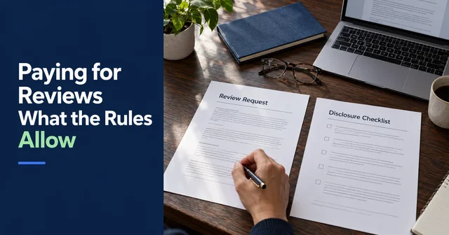 A business owner checks a review request and disclosure checklist at a desk before offering an incentive.