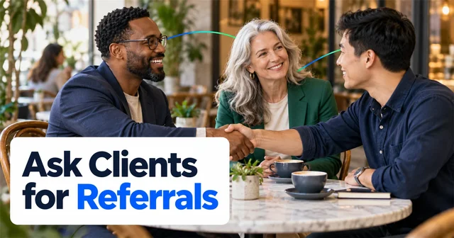 Three professionals make a warm client introduction around a cafe table, connected by subtle blue and green arcs.