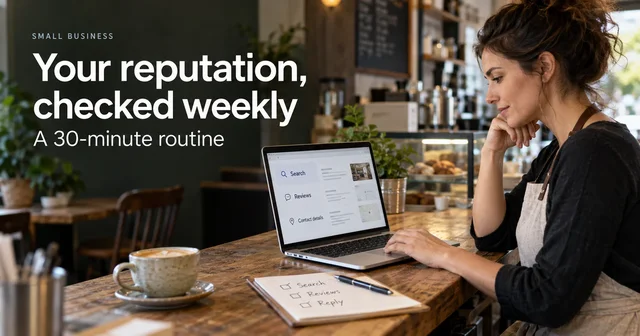 A small business owner checks search results, reviews and contact details on a laptop beside a weekly reputation checklist.