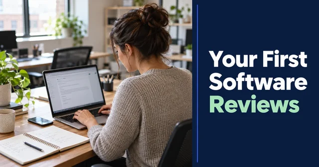 A software marketer drafts a personal customer review request at a laptop beside a shortlist and follow-up notes.