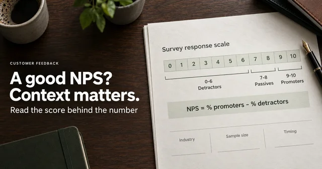 A printed NPS survey report shows response groups from 0 to 10 beside notes about industry, sample size and timing.
