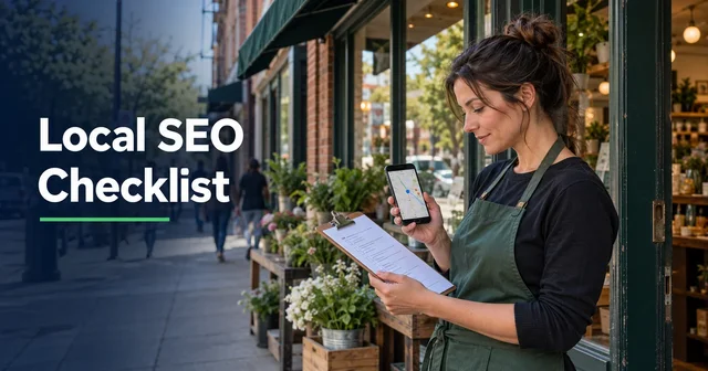 A local shop owner checks a printed audit and a street map on a phone outside the storefront.
