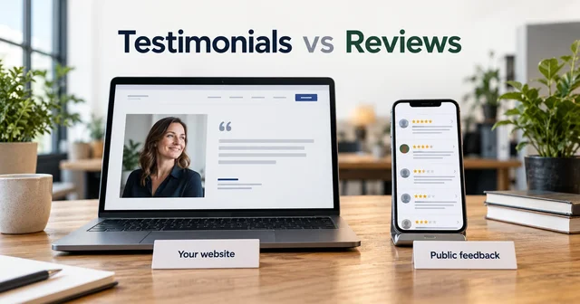 A laptop shows a business testimonial beside a phone showing public reviews, labeled Your website and Public feedback.