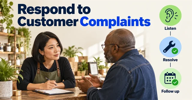 A business owner listens to a customer across a counter beside Listen, Resolve and Follow up symbols.