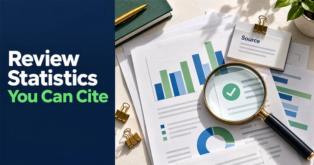 Survey reports, a source card and a magnifying glass illustrate checking the evidence behind review statistics.