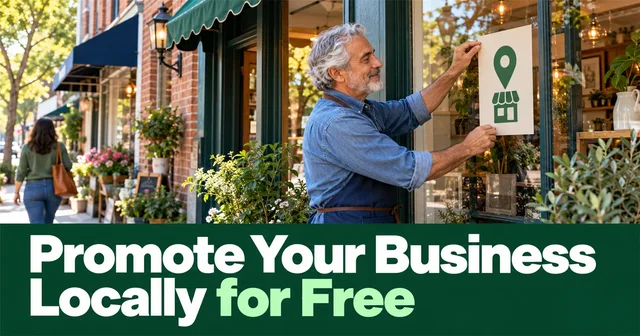 A shopkeeper adds a flyer to the storefront window on a neighborhood street beneath a local-promotion headline.
