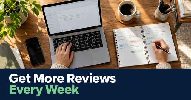 A business owner reviews customer follow-up emails beside a weekly planner at a real desk.