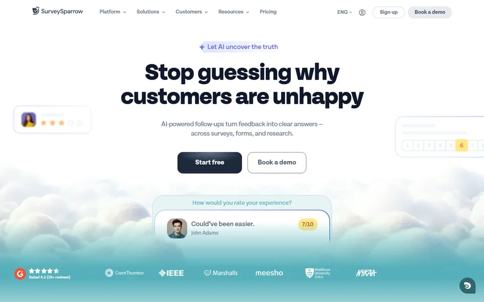 Surveysparrow Homepage With The Start Free Button