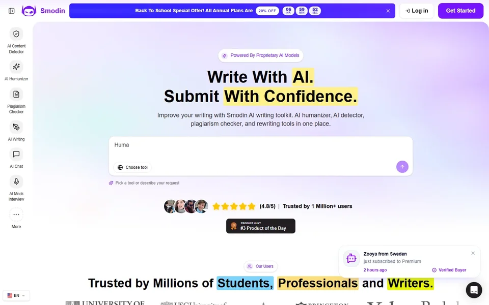 Smodin Homepage With Writing Tools Menu