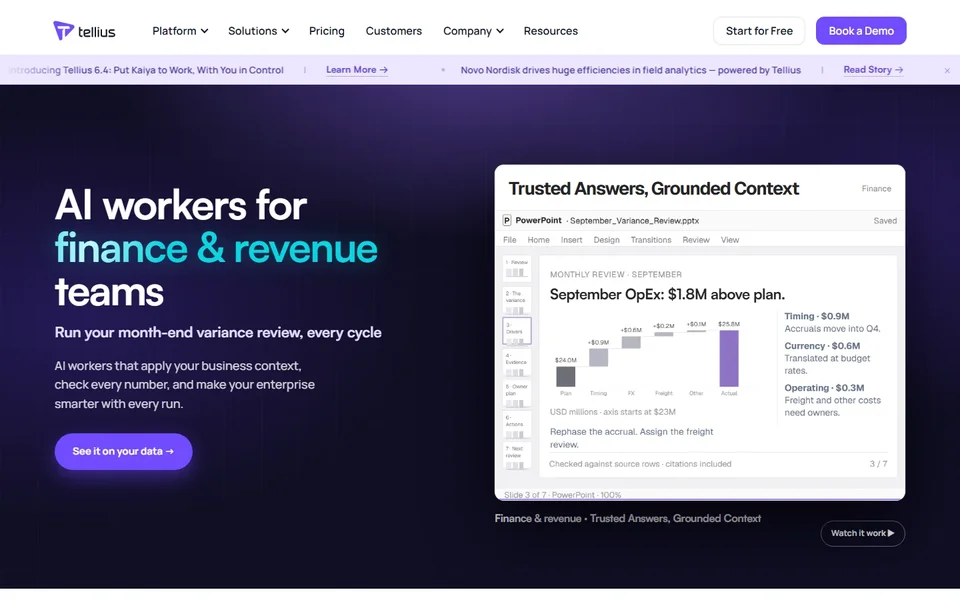 Tellius Homepage With The Ai Workers Finance Demo