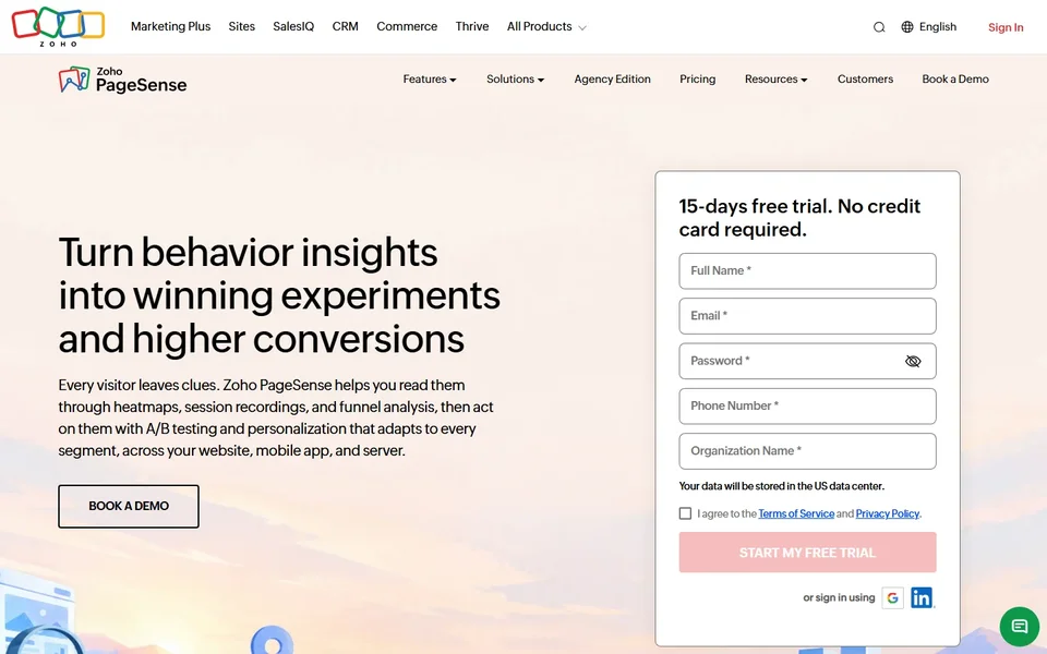 Zoho Pagesense Homepage With Trial Sign Up Form