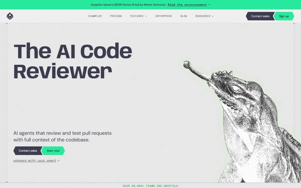 Greptile Homepage With The Code Reviewer Hero