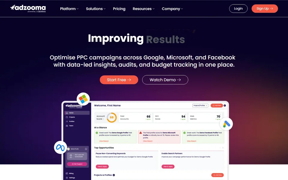 Adzooma Homepage With The Account Dashboard