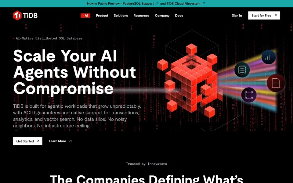 Tidb Homepage With The Ai Agent Database Headline