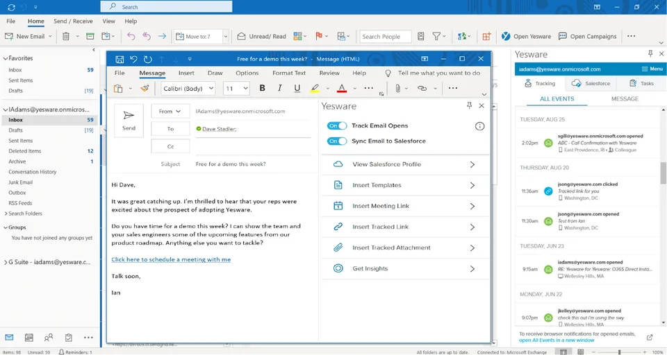 Outlook Compose Window With The Yesware Sidebar