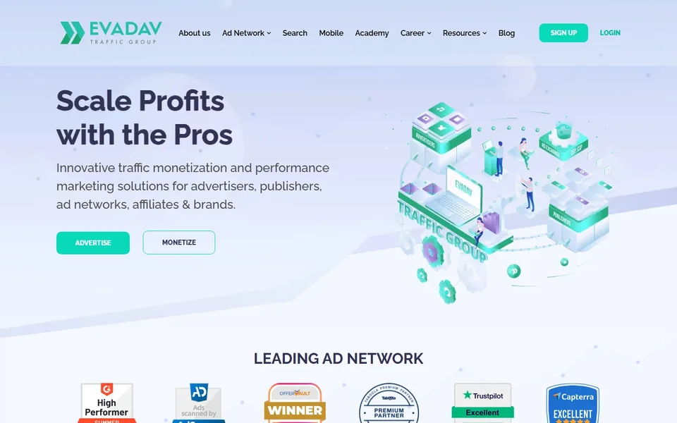 Evadav Homepage With The Scale Profits Headline