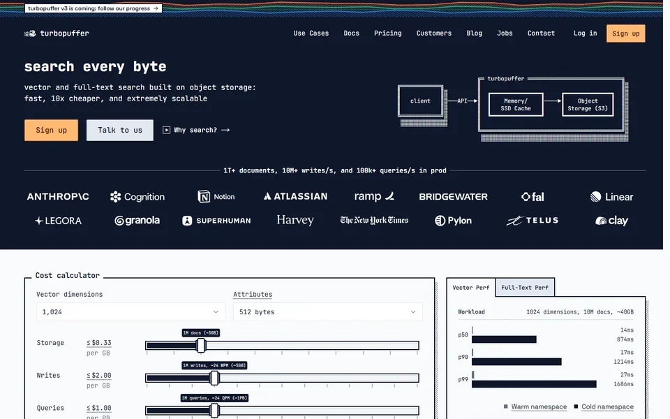 Turbopuffer Homepage With Cost Calculator