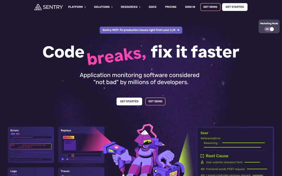 Sentry Homepage With Error And Replay Panels