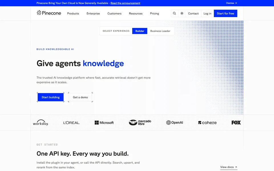 Pinecone Homepage With Its Knowledge Headline