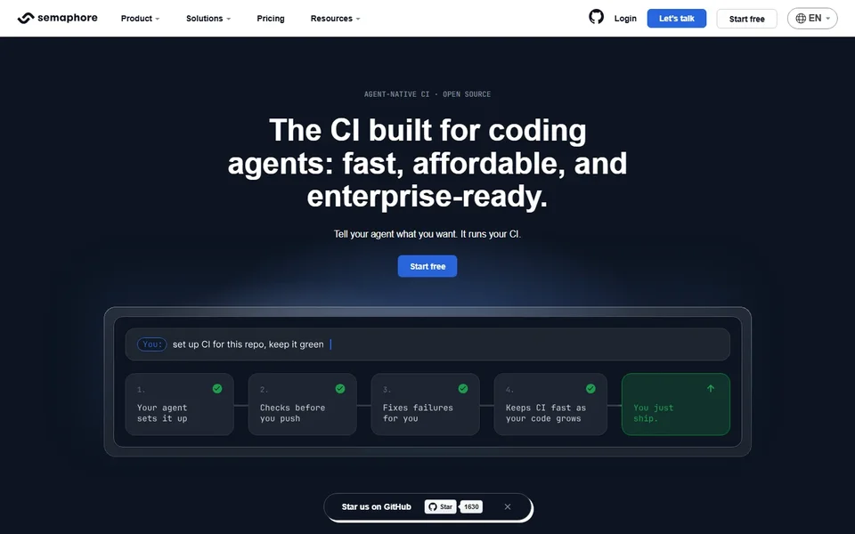Semaphore Homepage With The Agent Ci Demo