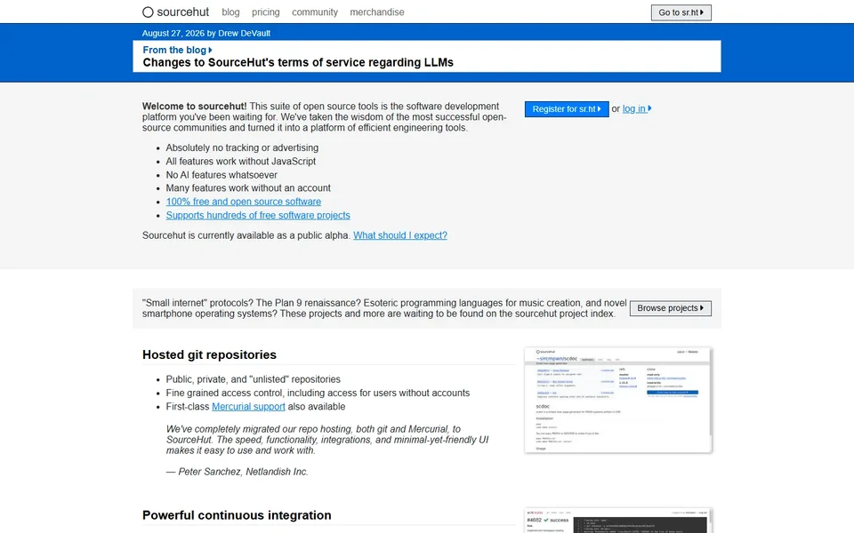 Sourcehut Homepage With Hosted Git Section