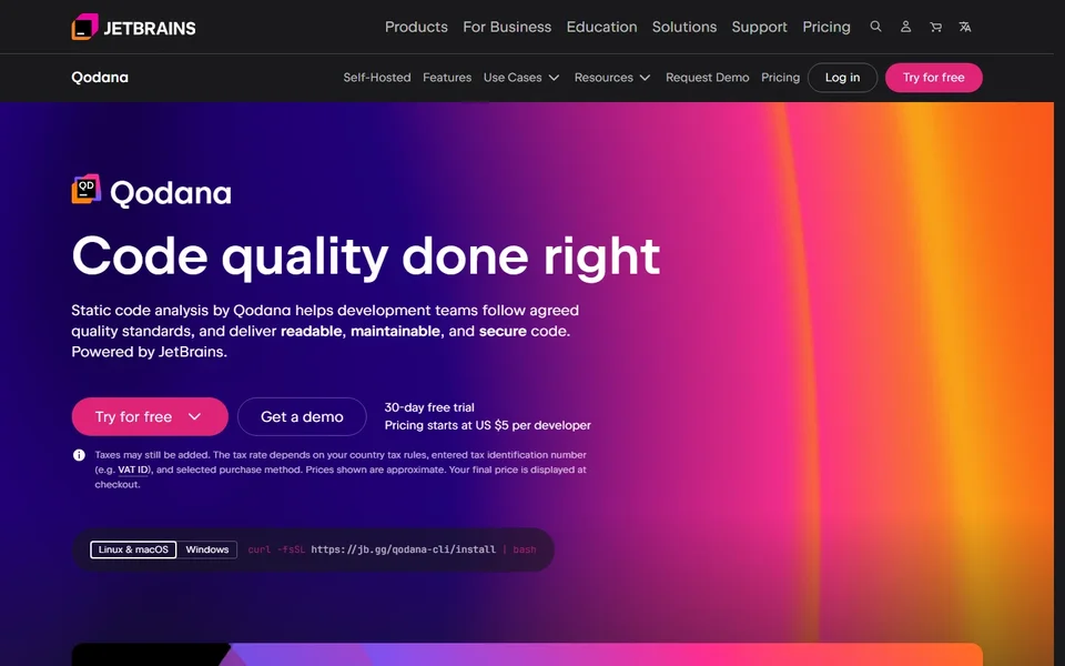 Qodana Homepage With Code Quality Headline