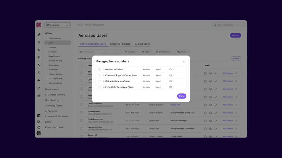 Office Users Admin With Phone Numbers Dialog
