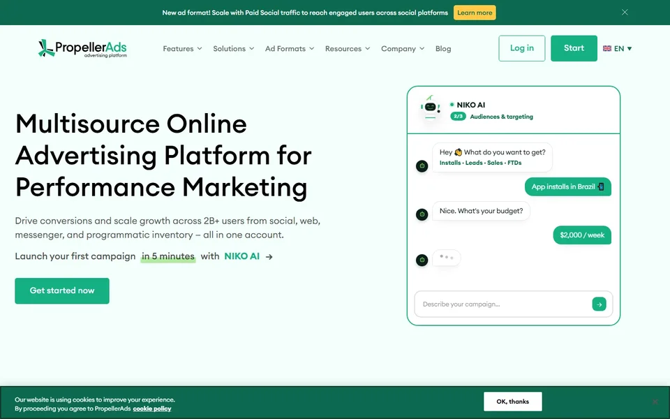 Propellerads Homepage With Niko Ai Campaign Chat
