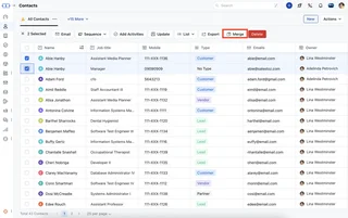 Contacts List With Two Records Chosen To Merge
