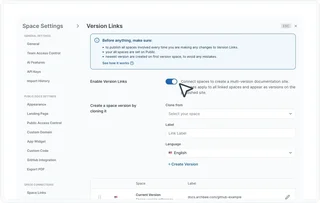Version Links Settings