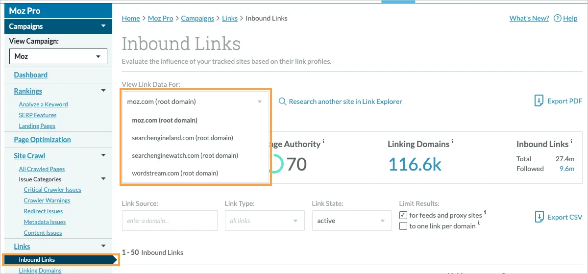 Inbound Links Report