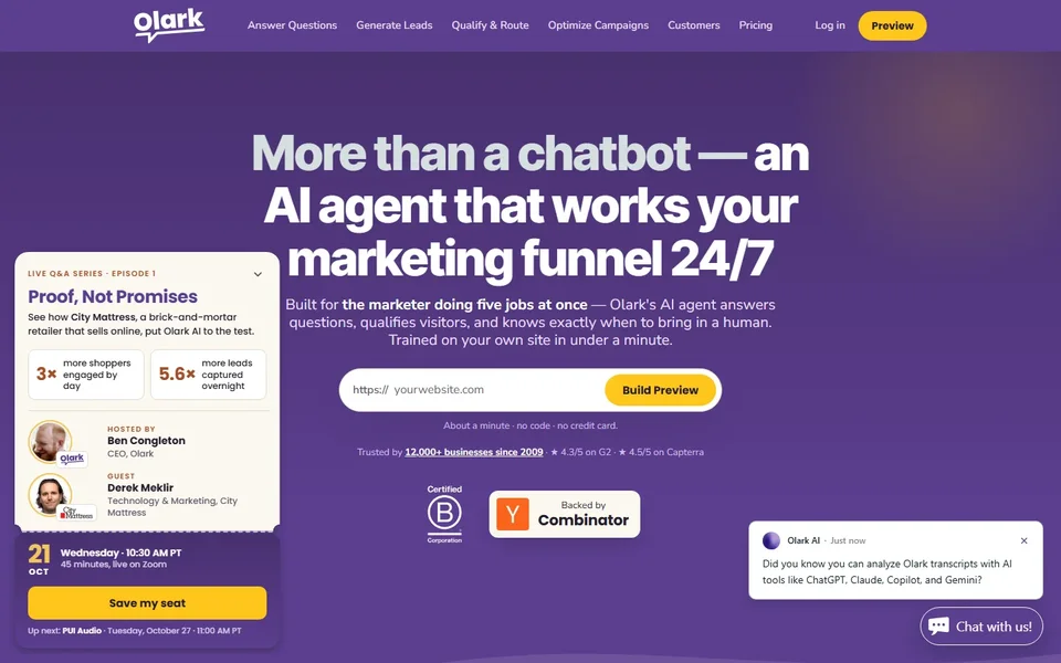 Olark Homepage With The Ai Agent Preview Field