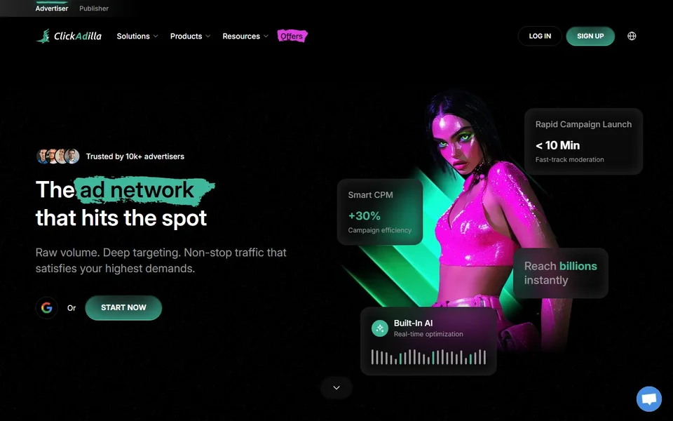Clickadilla Homepage With Ad Network Headline