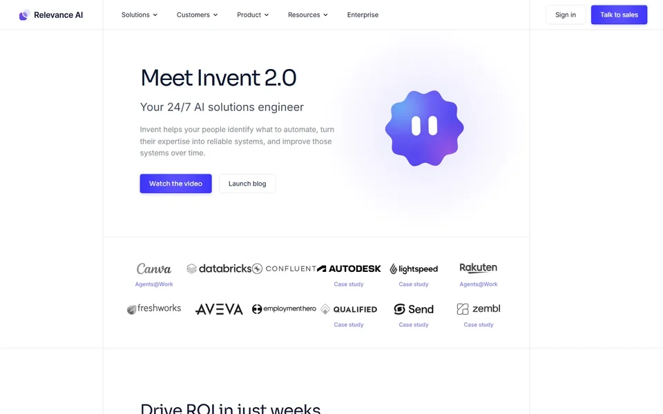 Relevance Ai Homepage With The Invent Hero