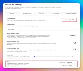 Agent Advanced Settings With Language Model