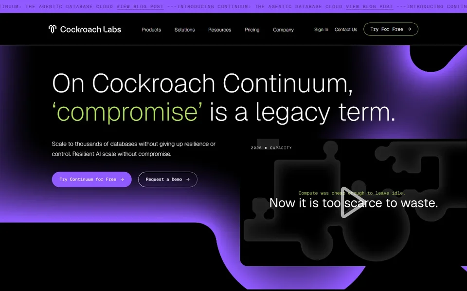 Cockroachdb Homepage With Continuum Headline