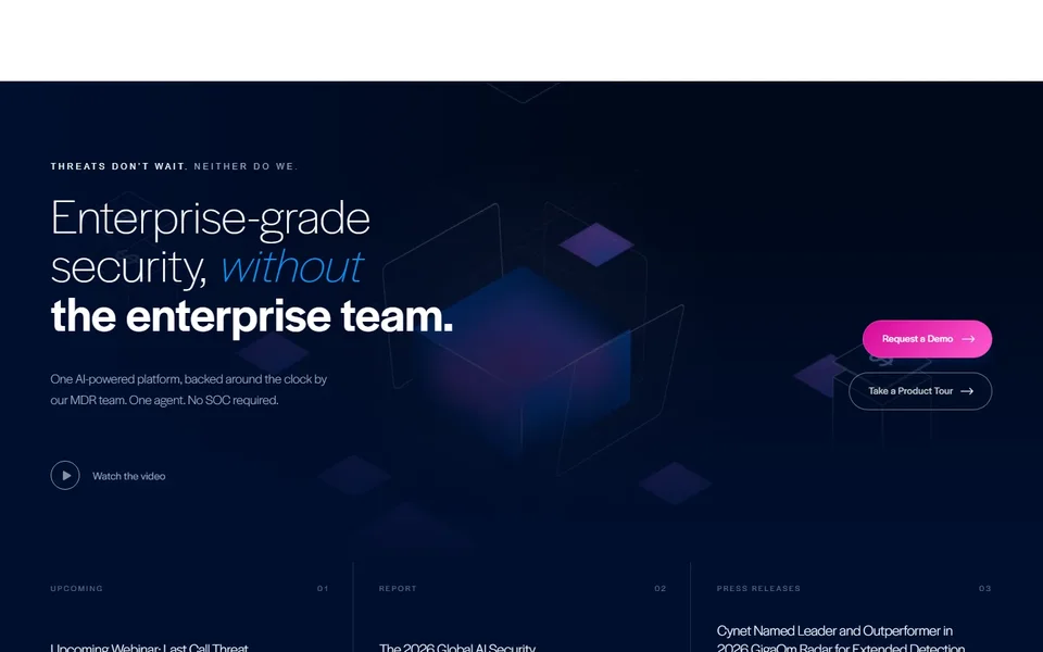 Cynet Homepage With Enterprise Security Headline