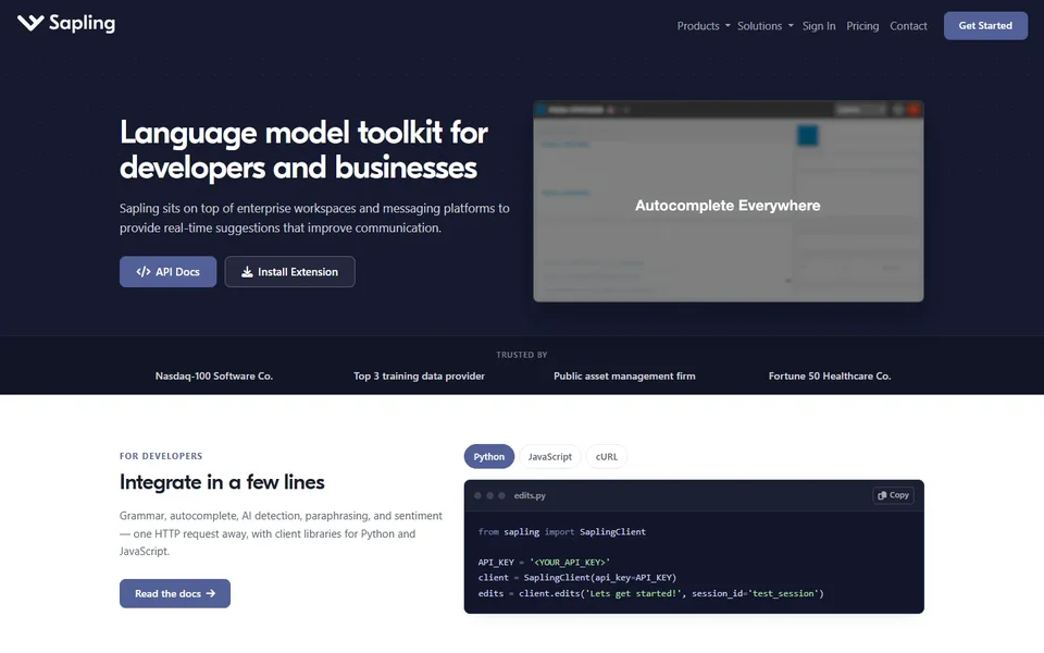 Sapling Homepage With The Api Code Sample